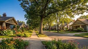 A tree-lined residential street in summer, with porch-front bungalows set back behind flower beds and a sidewalk running past them.