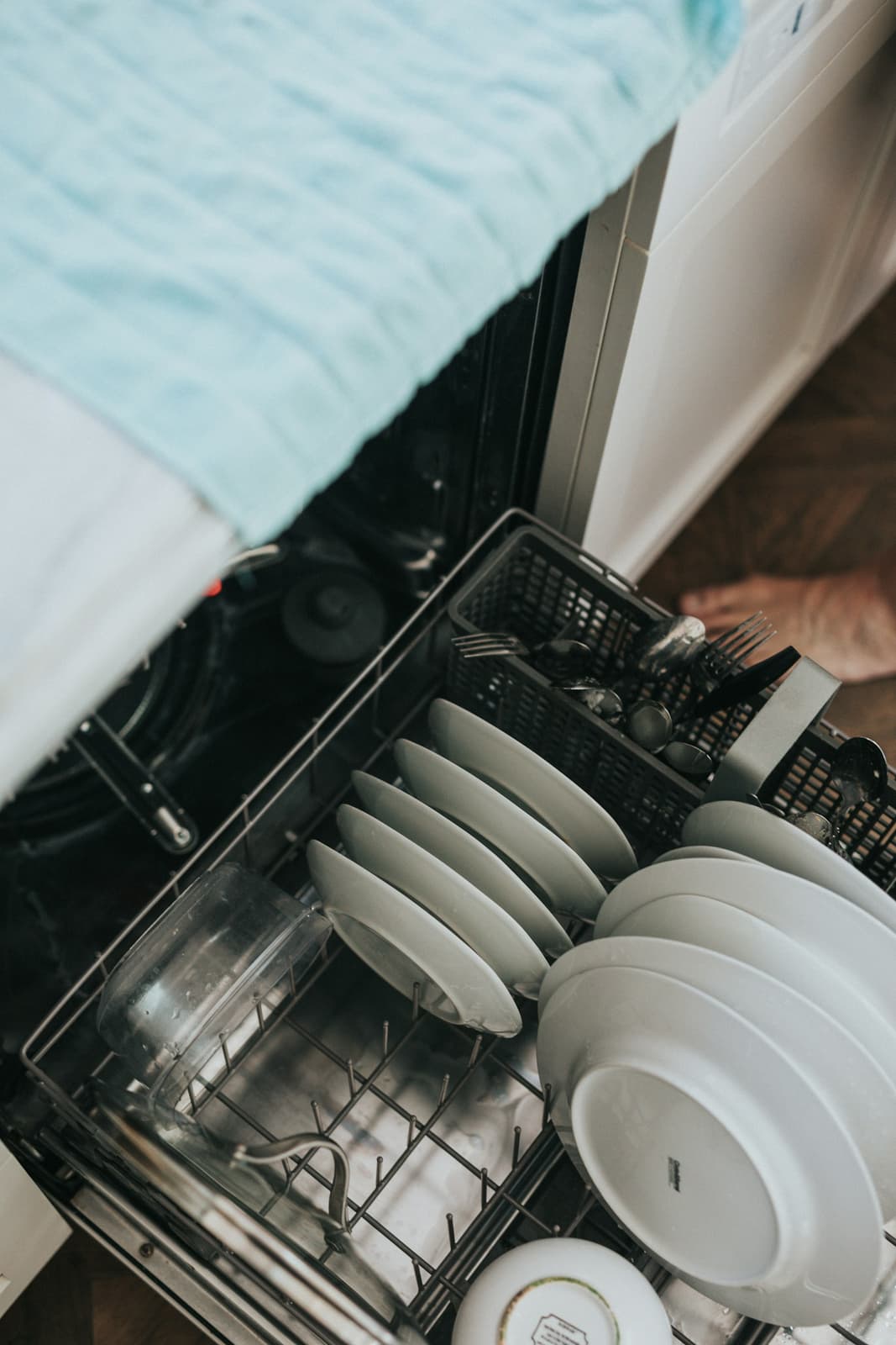 Clean white plates standing in the rack of an open dishwasher.