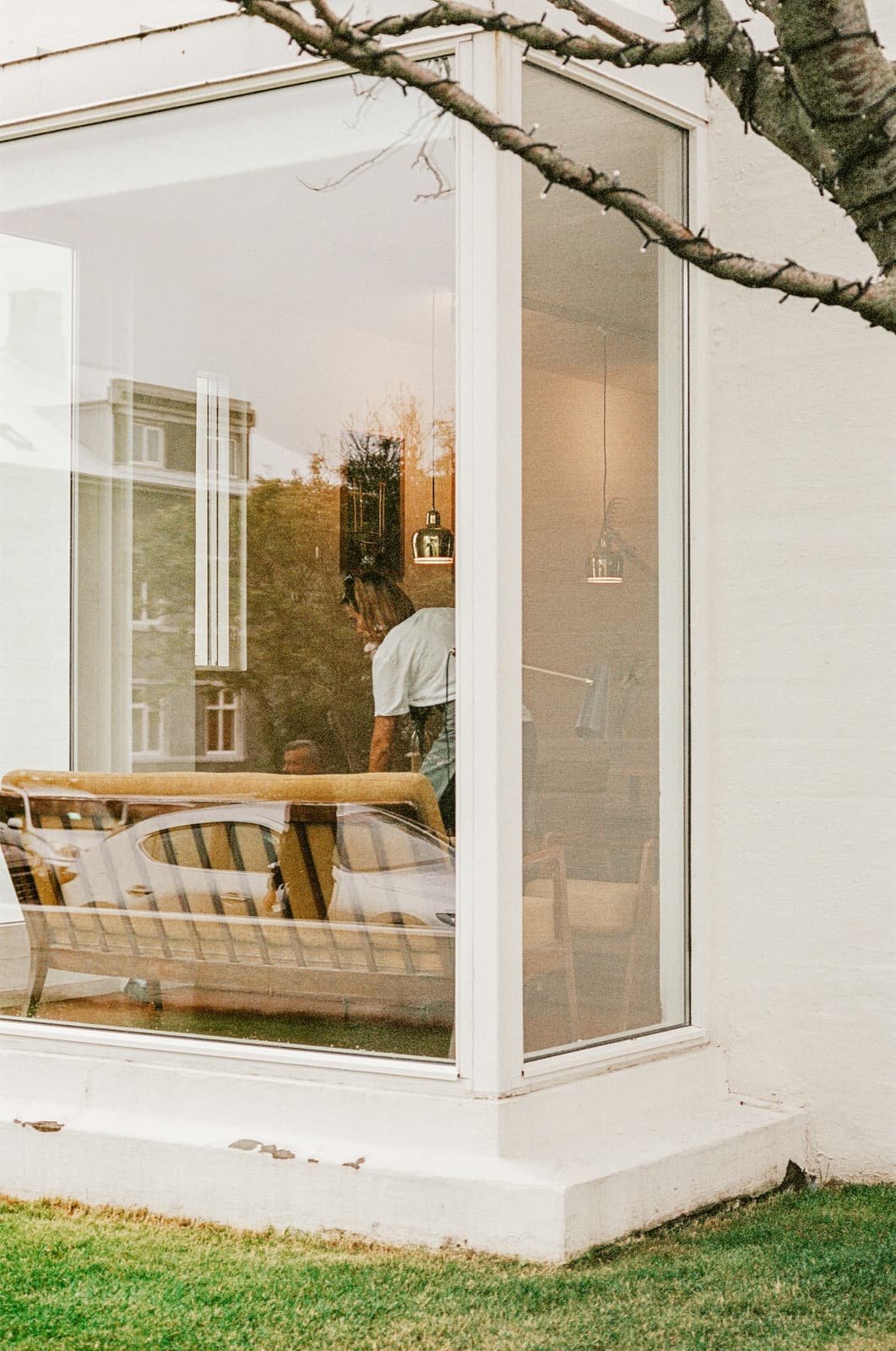 A clean, clear window on the corner of a white house, a lawn and a bare tree outside.