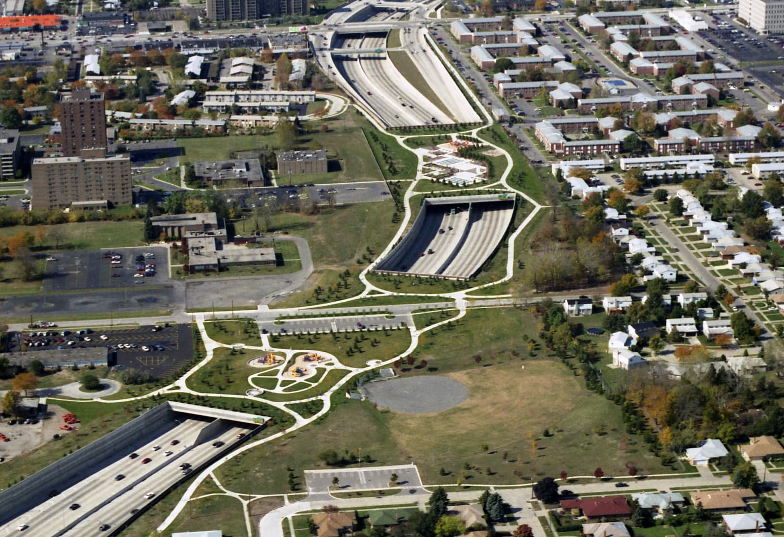 An aerial view of the pedestrian plazas that bridge Interstate 696 in Oak Park, Michigan.